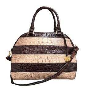 Brahmin striped Hudson leather satchel two way bag brown embossed leather
